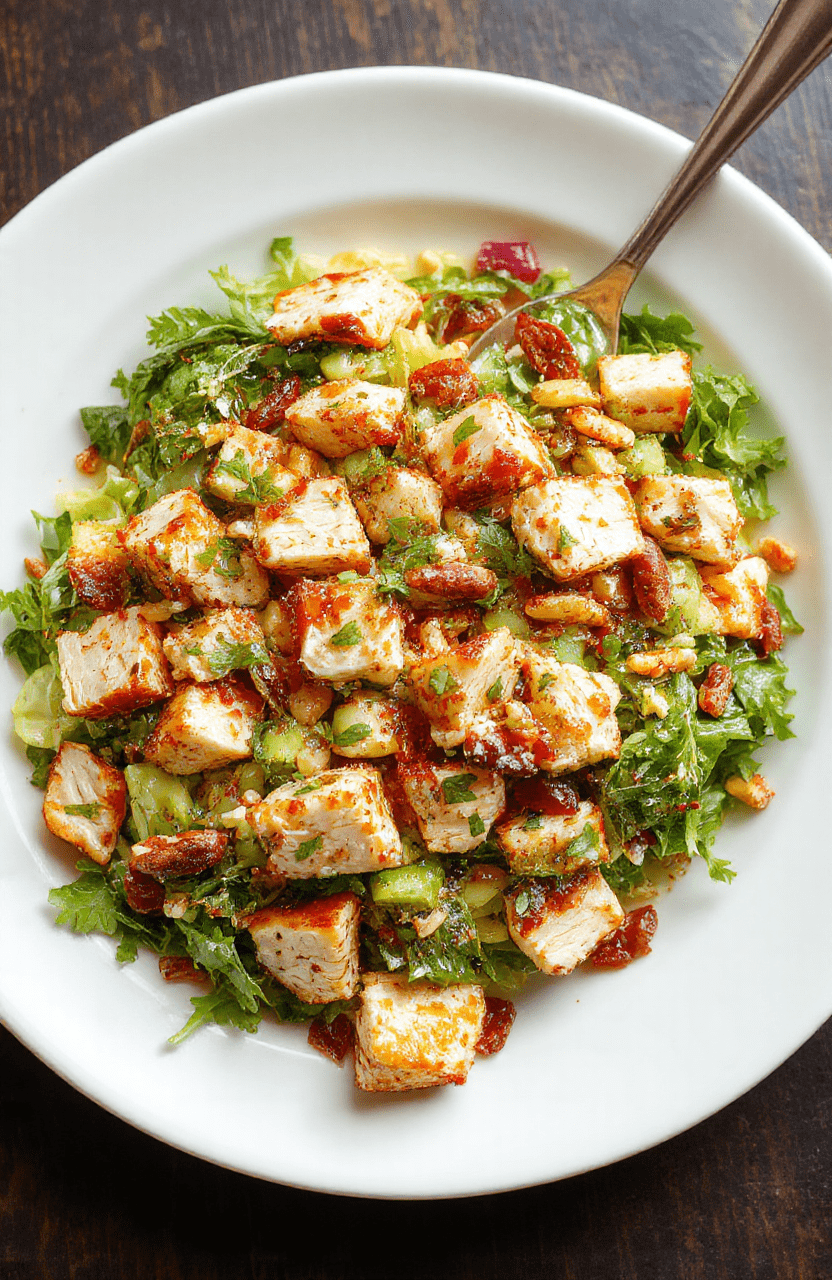 Colorful chicken salad featuring diced chicken, mixed greens, crunchy nuts, and vibrant vegetables, elegantly arranged on a white platter with a light dressing, styled with fresh herbs, capturing a fresh, appetizing, and inviting feel.