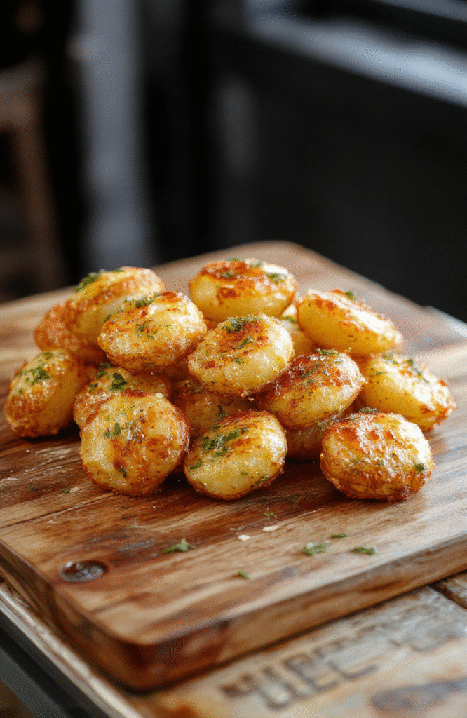 Golden mini potato bites arranged neatly on a rustic wooden plate, garnished with fresh herbs. The crispy exterior contrasts with the soft interior, highlighting textures and vibrant colors. The presentation is inviting, with a sprinkle of herbs adding freshness and visual appeal.