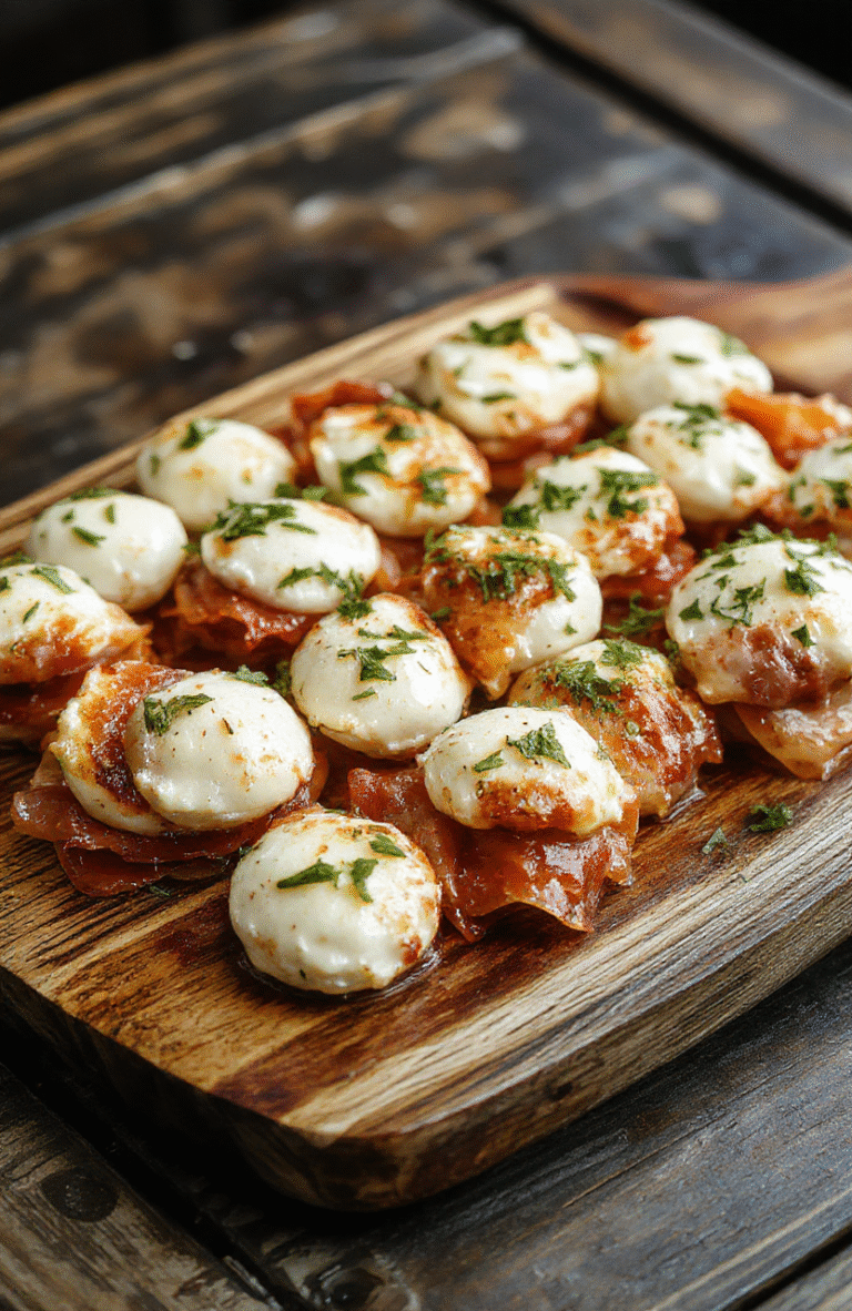 A close-up shot of golden-brown prosciutto-wrapped mozzarella bites arranged on a rustic wooden platter. The bites feature shiny, crispy prosciutto encasing creamy white mozzarella, with hints of fresh green herbs and a drizzle of balsamic glaze. The presentation is casual yet appetizing, highlighting textures of crispy prosciutto and gooey cheese against a blurred background of a light-colored table setting.