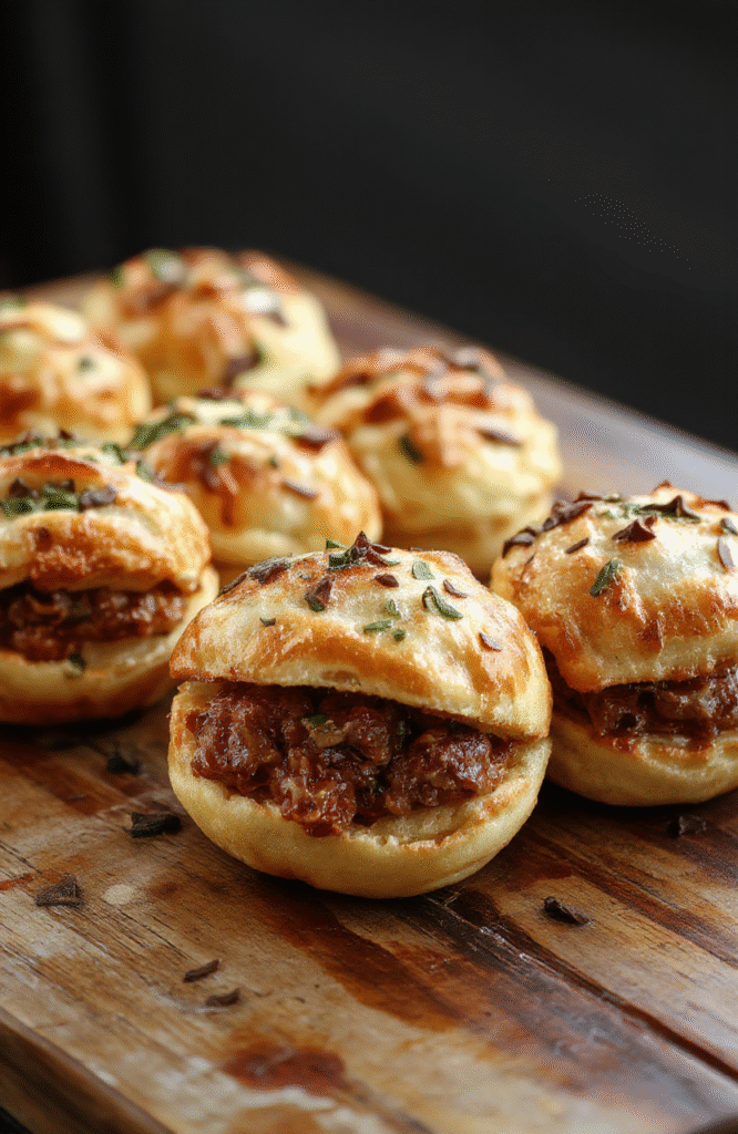Golden brown pulled beef pastry puffs arranged on a rustic white plate, with flaky, crispy layers and tender beef filling visible. The background features a wooden table with a green garnish and a napkin, styled casually for a cozy, inviting football Friday appetizer setting.