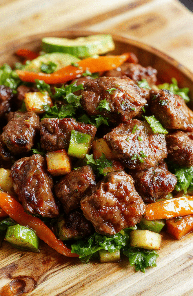 A vibrant plate of beef stir fry with colorful fresh vegetables like bell peppers, broccoli, and carrots garnished with sesame seeds, presented on a white plate with chopsticks beside it, styled simply on a wooden surface with natural lighting highlighting the glossy sauce and crisp textures.