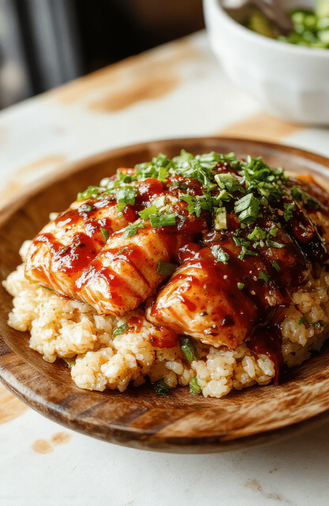 Colorful bowl featuring golden-brown air fried salmon bites glazed with shiny teriyaki sauce, served over fluffy rice with garnished green onions and sesame seeds, styled neatly on a rustic wooden surface with a vibrant background.