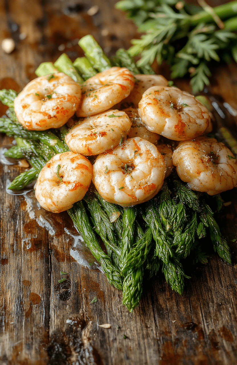A vibrant plate featuring tender shrimp and crisp asparagus spears coated in a glossy lemon garlic sauce, plated on a rustic wooden surface with fresh lemon slices and herbs, capturing a fresh and appetizing presentation with bright colors and inviting textures.