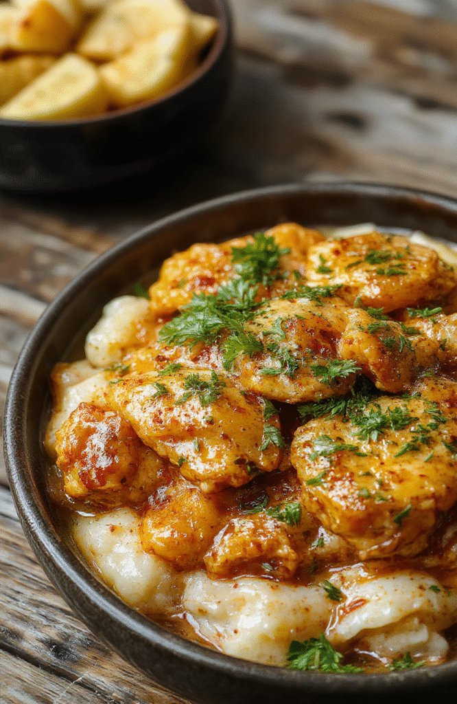 A vibrant plate of homemade butter chicken featuring tender, saucy chicken pieces coated in a rich, creamy tomato-based sauce, garnished with fresh cilantro, served with a side of fluffy steamed rice. The dish is plated on a rustic wooden table with warm lighting highlighting the glossy texture of the sauce and the golden hue of the chicken, styled simply for an inviting, comforting look.