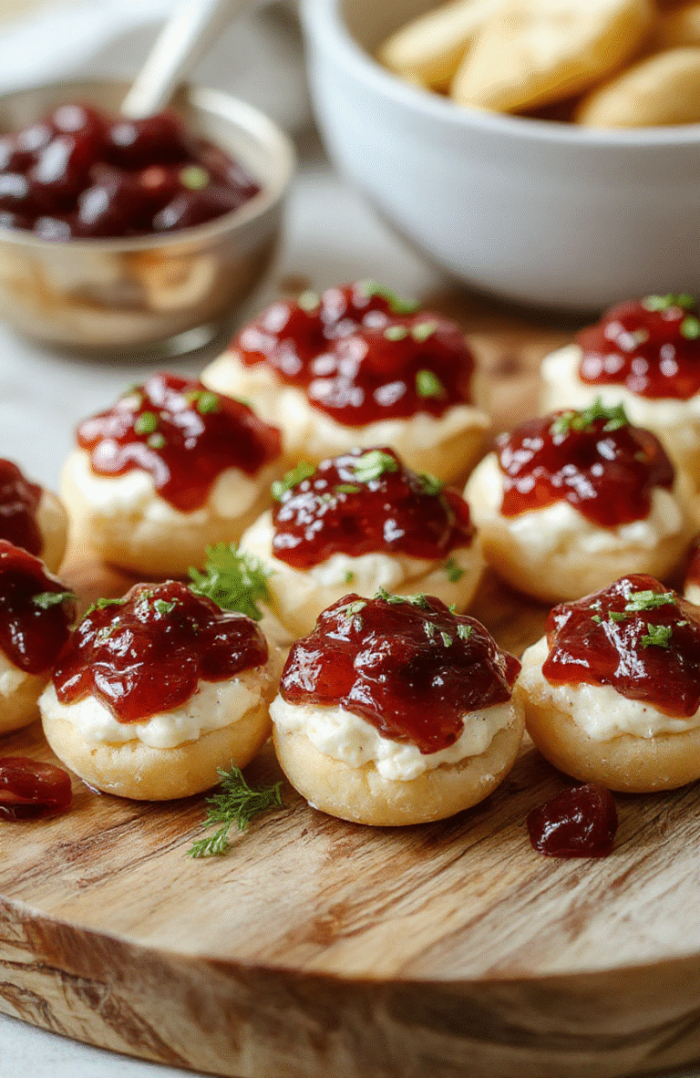 Colorful pepper jelly swirl atop creamy white cream cheese spread on a wooden platter, garnished with fresh herbs. The dip is served alongside crisp crackers and sliced baguette, styled in a casual, inviting manner. Bright red pepper jelly contrasts with the smooth cheese, textural variations visible with a glossy finish and crunchy crackers. The setup is warm and festive, perfect for a party or gathering.