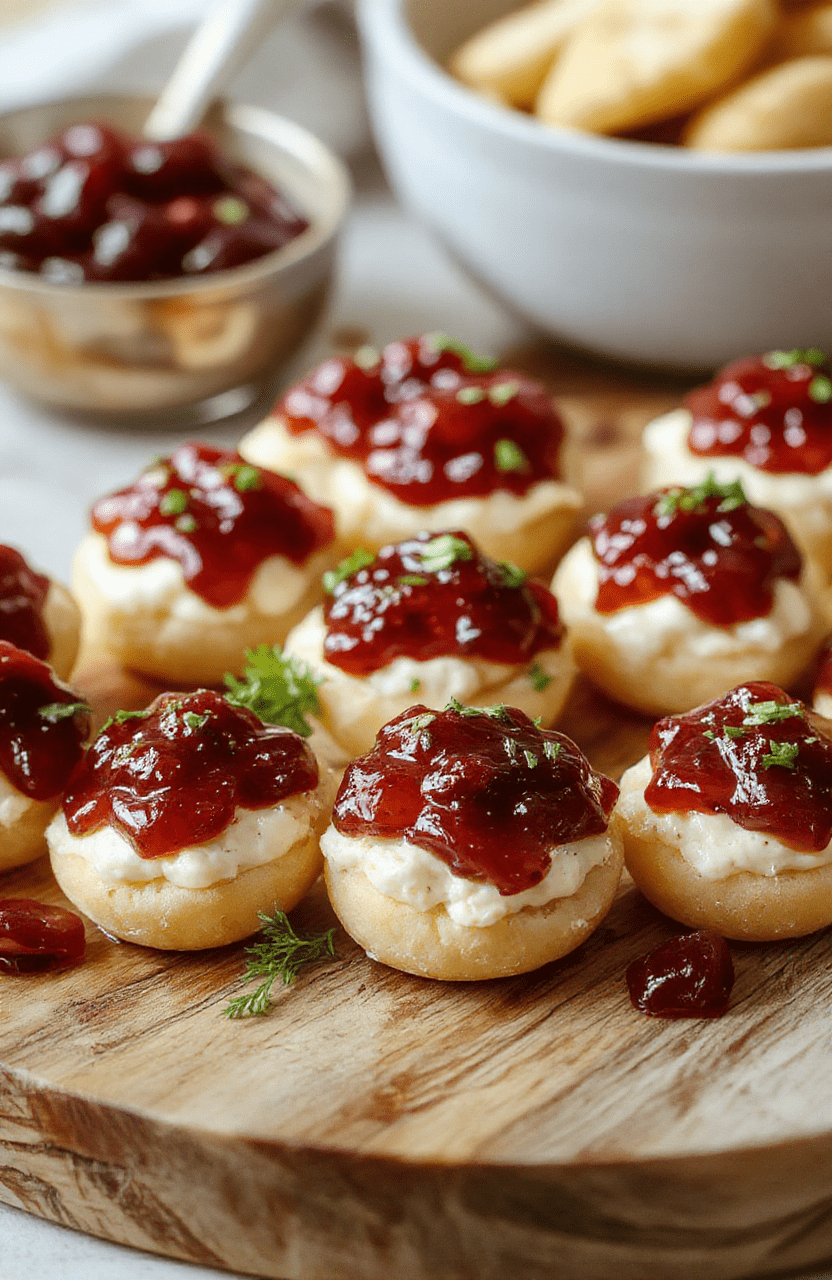 Colorful pepper jelly swirl atop creamy white cream cheese spread on a wooden platter, garnished with fresh herbs. The dip is served alongside crisp crackers and sliced baguette, styled in a casual, inviting manner. Bright red pepper jelly contrasts with the smooth cheese, textural variations visible with a glossy finish and crunchy crackers. The setup is warm and festive, perfect for a party or gathering.