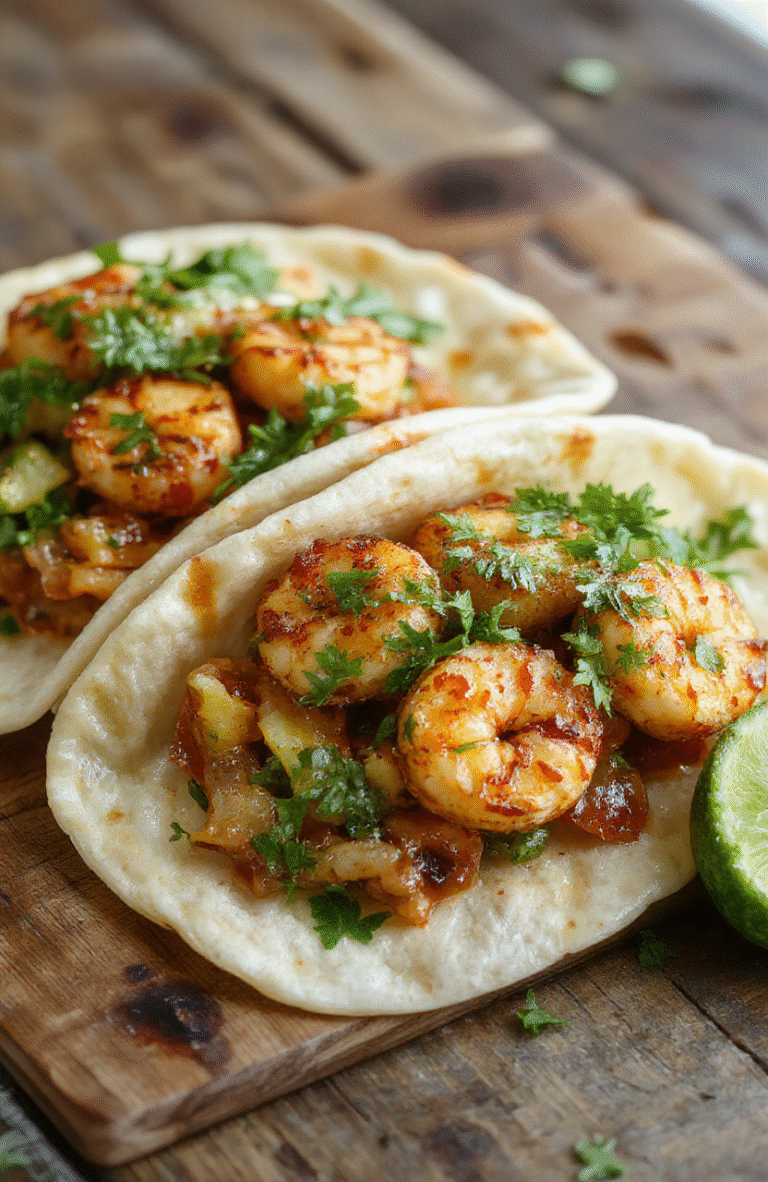 Colorful shrimp tacos plated on a rustic wooden board, topped with fresh cilantro, sliced radishes, and a squeeze of lime. The tacos have a golden, crispy exterior with tender shrimp inside, garnished with chopped onions and a drizzle of sauce. Vibrant ingredients contrast against the warm, toasted tortillas, styled simply with natural lighting highlighting the textures and freshness of the dish.