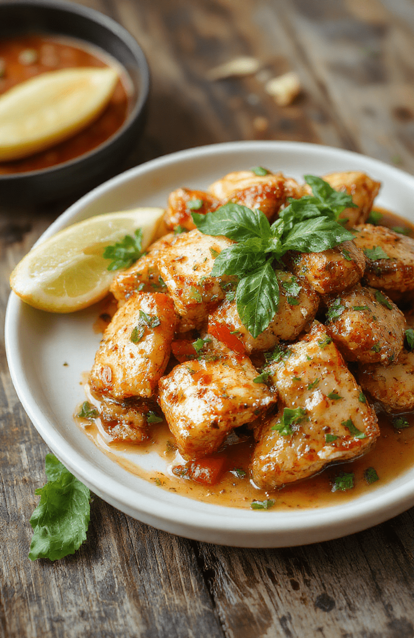 Colorful Thai basil chicken in a white bowl, vibrant green basil leaves, tender chicken pieces coated in glossy dark sauce, garnished with fresh basil, set on a rustic wooden table with a hint of garlic and chili visible, styled simply for a casual yet flavorful presentation.