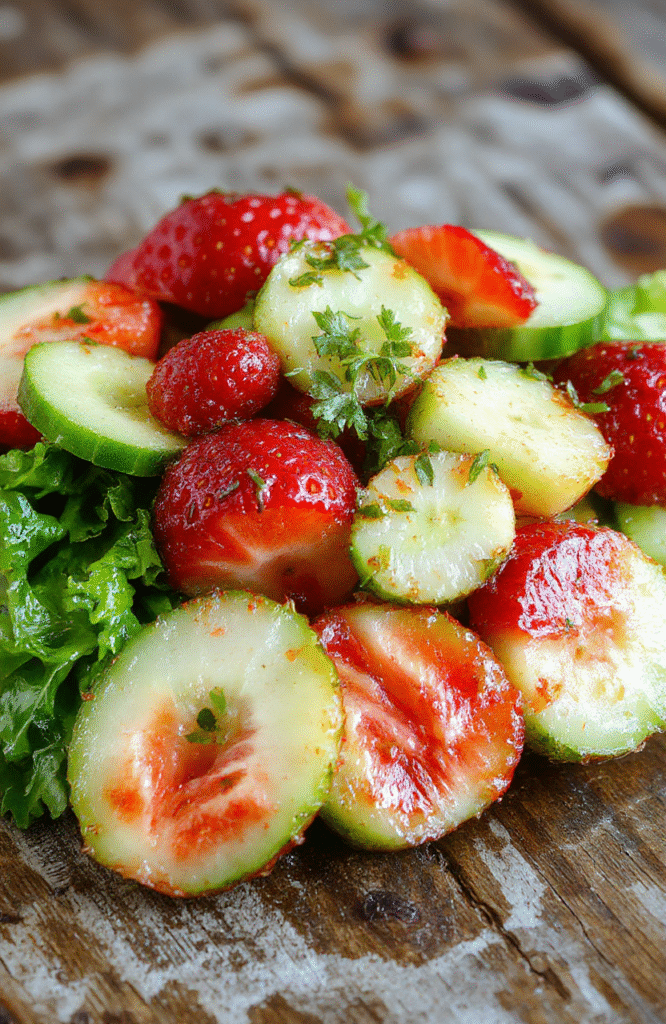 A vibrant summer salad featuring sliced cucumbers and fresh strawberries arranged on a white plate, drizzled with a light dressing, garnished with mint leaves, styled for a casual outdoor picnic, with bright natural sunlight highlighting the fresh textures and vibrant colors.