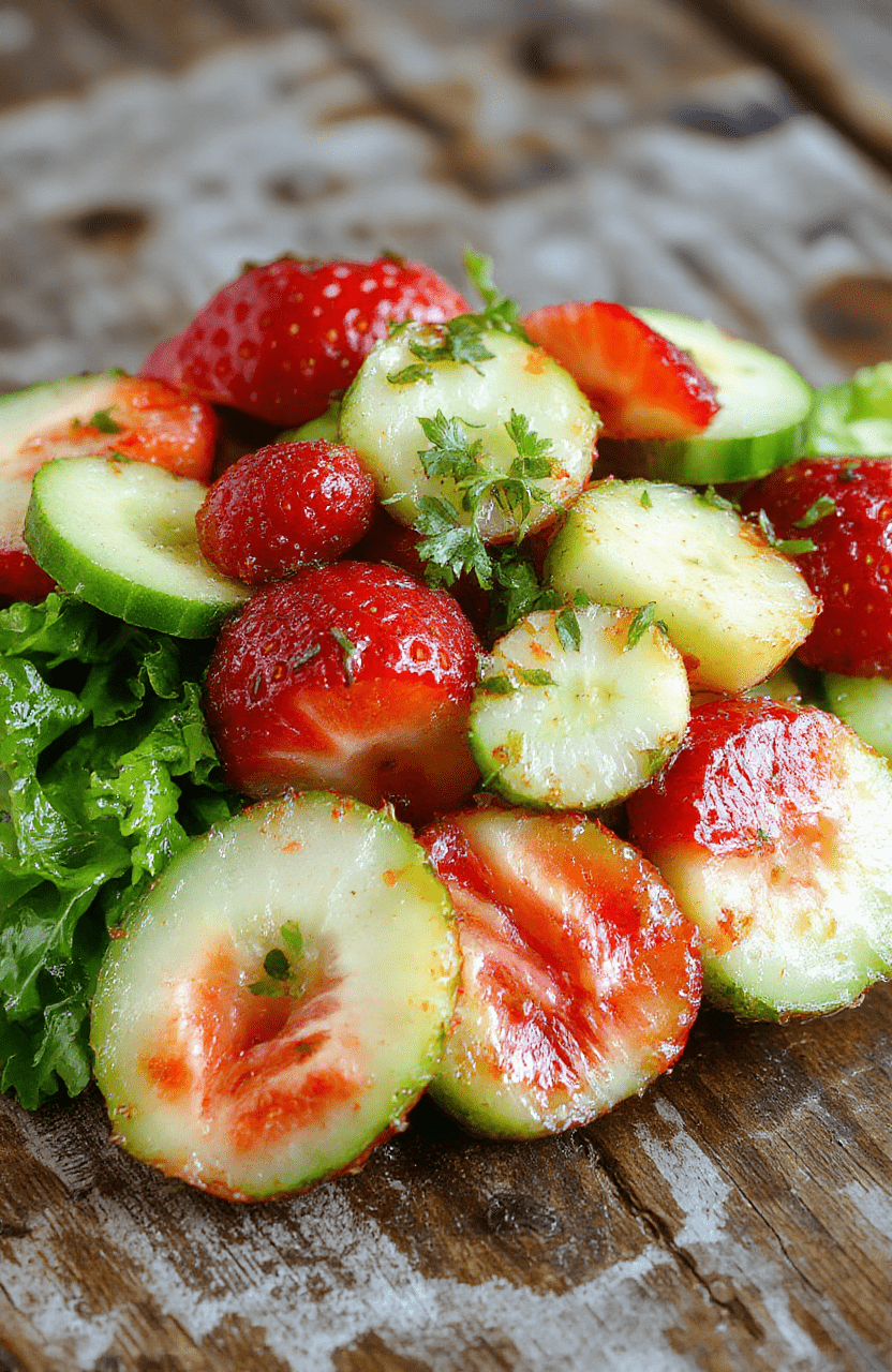 A vibrant summer salad featuring sliced cucumbers and fresh strawberries arranged on a white plate, drizzled with a light dressing, garnished with mint leaves, styled for a casual outdoor picnic, with bright natural sunlight highlighting the fresh textures and vibrant colors.