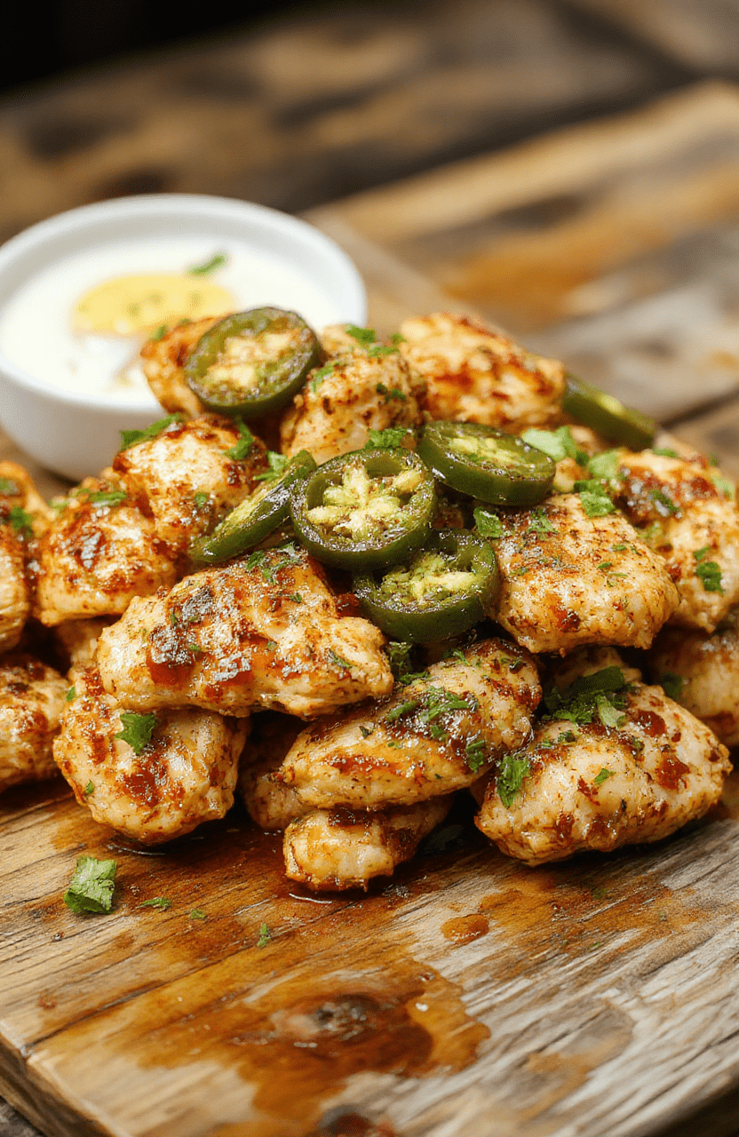 A vibrant plate of spicy jalapeño chicken with grilled chicken pieces topped with sliced fresh jalapeños, served with a side of colorful vegetables on a rustic wooden board, highlighting the juicy textures and fiery peppers with a sprinkle of herbs.