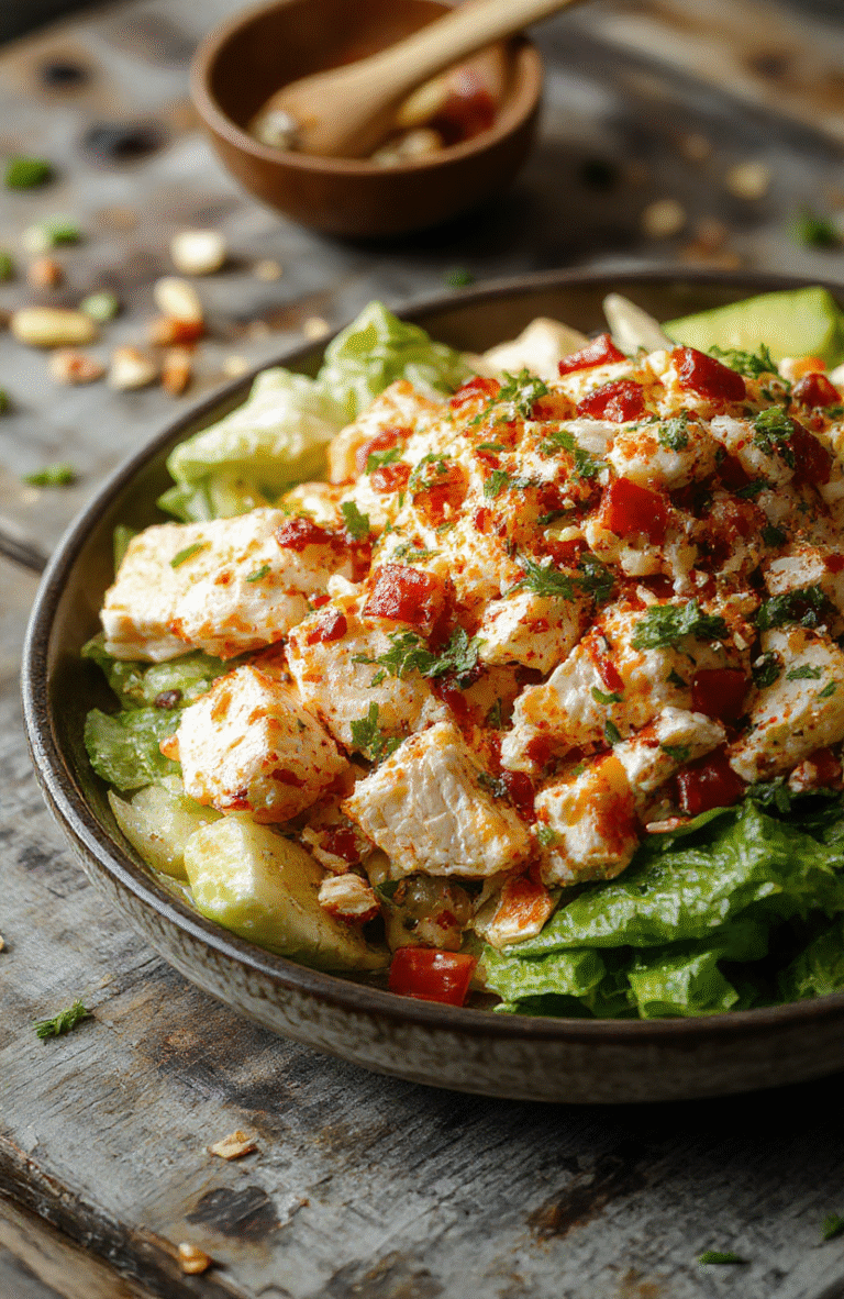 Vibrant Southwest chicken salad plated neatly with colorful fresh vegetables, crispy tortilla strips, and creamy dressing drizzled on top, styled with a rustic wooden table and natural lighting highlighting the textures and bold colors of the ingredients.