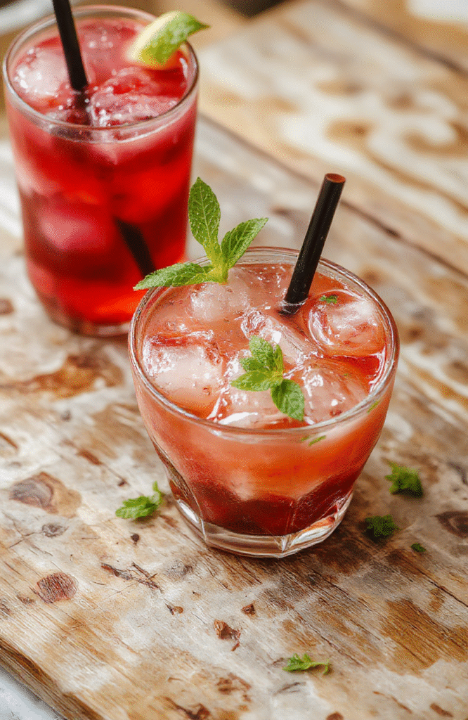 A tall glass filled with a vibrant pink mixture, topped with a sprig of fresh mint and a slice of lime, surrounded by colorful straws and tropical decor, emphasizing a refreshing summer vibe with a smooth, icy texture and bright, appealing colors.