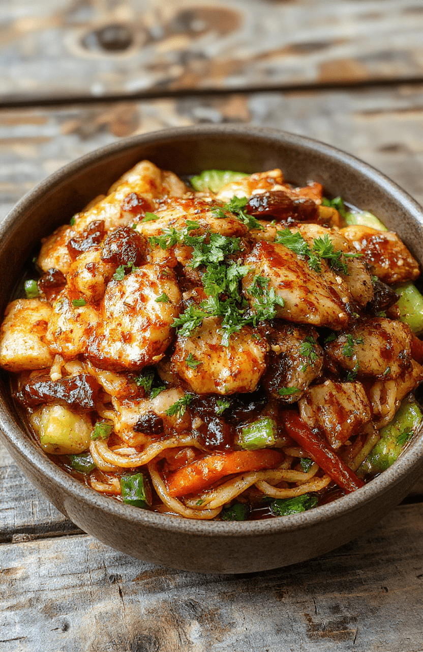 A vibrant plate of sticky garlic chicken noodles featuring golden-brown chicken strips, glossy garlic sauce, garnished with chopped green onions and sesame seeds, arranged on a rustic wooden table with colorful vegetables in the background.