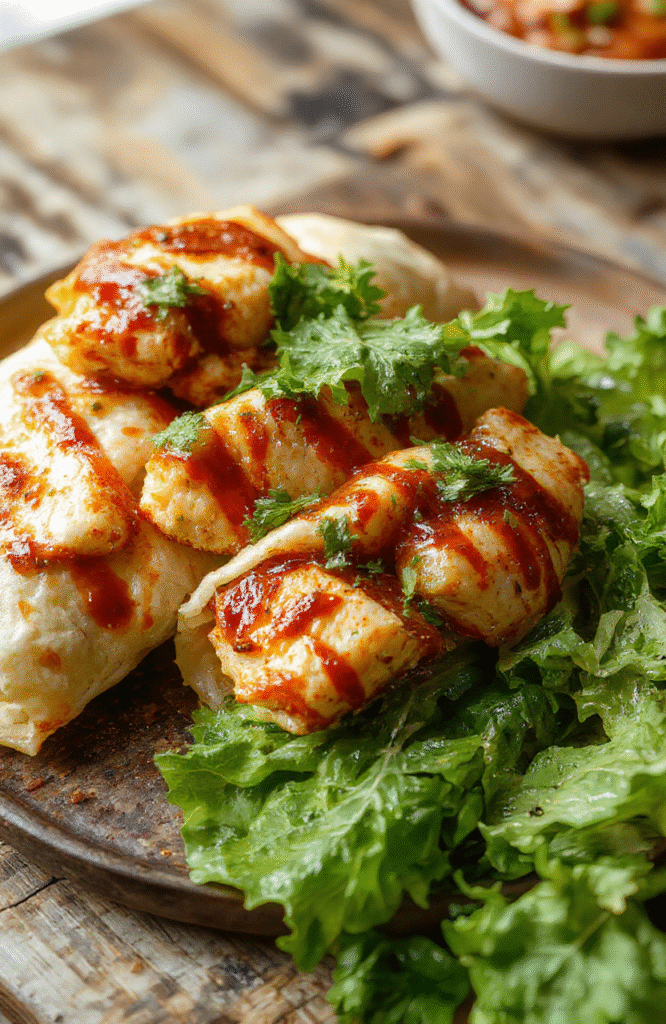 Colorful sweet chili chicken wraps plated neatly with vibrant red peppers and fresh greens on a rustic wooden surface, showcasing crispy textures and glossy glaze, styled with natural lighting and soft shadows.