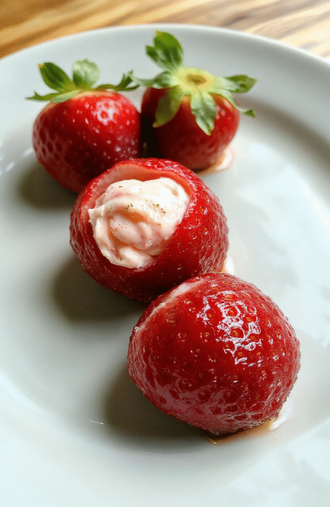 A vibrant plate of deviled strawberries with a creamy filling topped with sprinkles, arranged on a pastel-colored platter, showcasing their glossy red skins and smooth filling, styled with fresh mint leaves for a fresh pop of green.