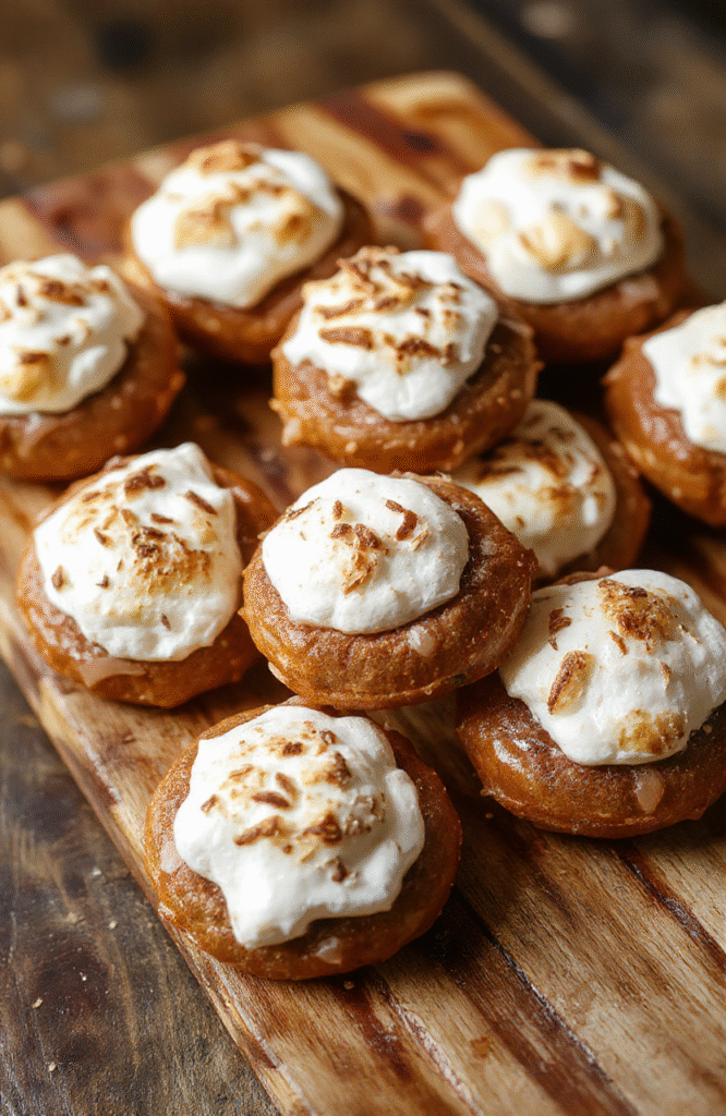 Colorful and glossy S'mores Pretzel Bites arranged on a rustic wooden platter. The bites feature a golden pretzel base topped with melted chocolate, toasted marshmallows, and a drizzle of caramel. Bright sprinkles add a festive touch, with a blurred background of party settings and vibrant tableware. Textural contrast is evident between crispy pretzels, gooey marshmallows, and smooth chocolate garnished with crushed graham crackers.