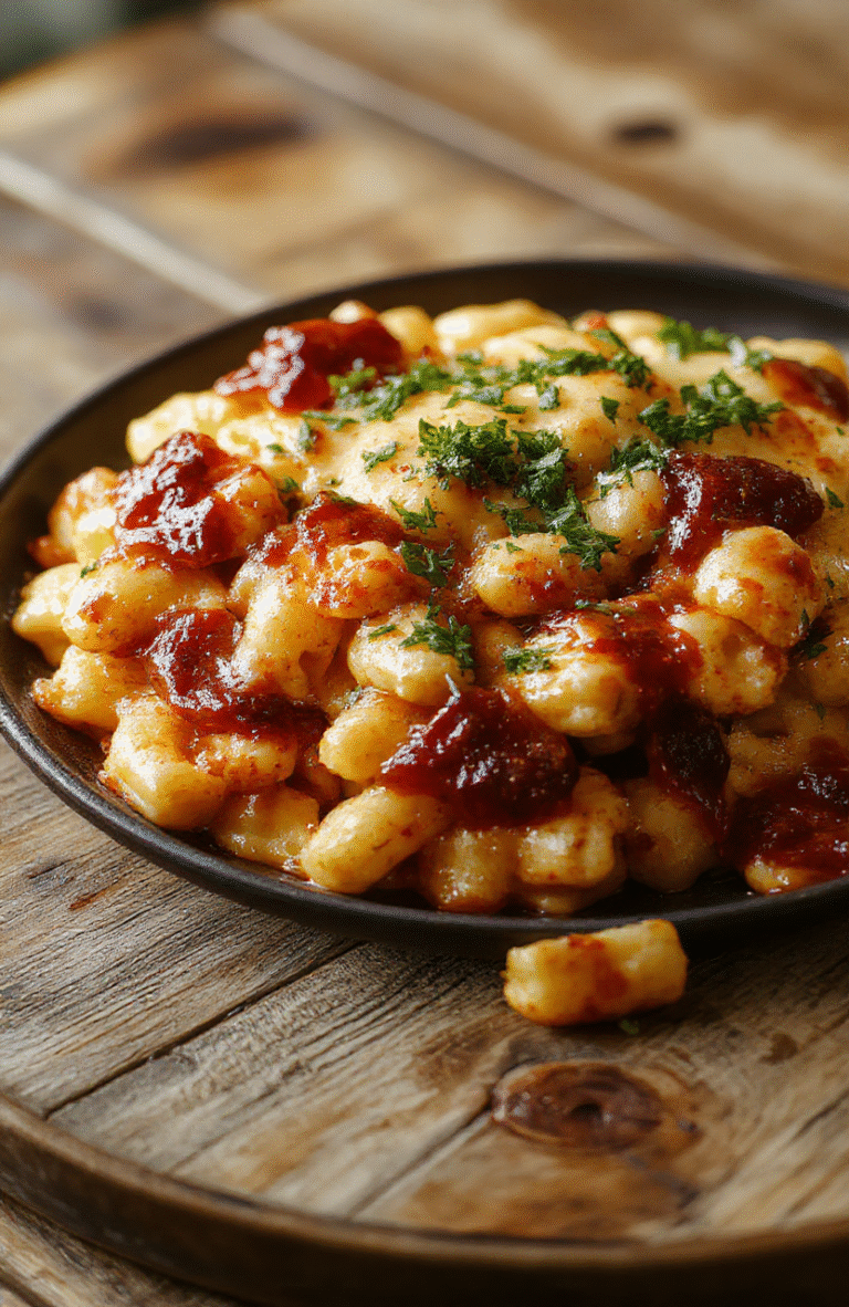 A vibrant plate of BBQ chicken mac and cheese featuring tender shredded chicken coated in smoky BBQ sauce, nestled in a creamy cheesy pasta, topped with crispy bread crumbs and chopped green onions. The dish is beautifully plated on a rustic wooden table, with golden-brown cheese bubbling and a drizzle of extra sauce. Surrounding elements include fresh herbs and a fork ready to dig in, evoking a warm, hearty, and comforting meal perfect for casual dining.