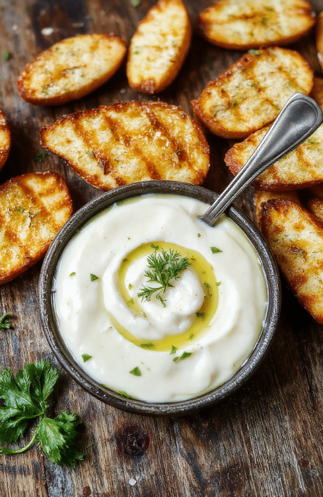 A rustic white ceramic bowl filled with golden garlic-infused olive oil, topped with fresh chopped parsley and red pepper flakes. The dip is surrounded by slices of crusty bread and fresh herbs on a wooden table, with soft natural light highlighting the textures and vibrant colors of the ingredients.