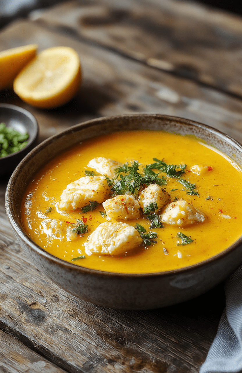 A vibrant bowl of golden turmeric chicken soup topped with fresh herbs, slices of cooked chicken, and a drizzle of healthy oil, served in a rustic white bowl on a wooden table with a spoon, colorful vegetables and a sprig of cilantro in the background, textures of smooth broth, tender chicken, and crisp herbs.