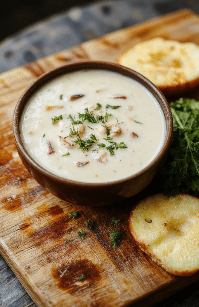 Creamy white mushroom soup in a rustic ceramic bowl, garnished with fresh parsley and a drizzle of olive oil, served alongside a slice of crusty sourdough bread on a natural wooden cutting board, soft natural light highlights the velvety texture and golden-brown mushroom slices on top