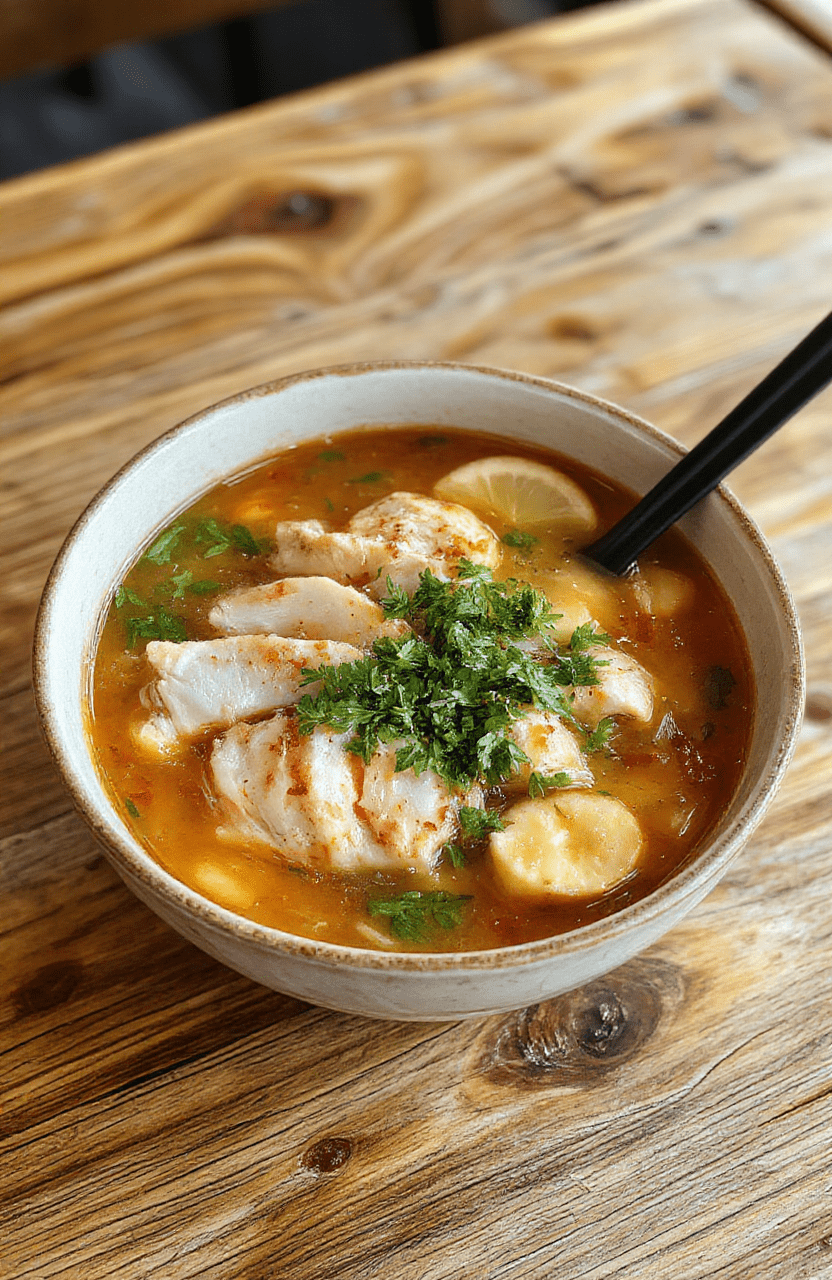 A steaming bowl of aromatic chicken pho with tender shreds of white chicken breast, soft rice noodles, bright green scallions, thin slices of crimson red onion, fresh cilantro sprigs, and a sprinkle of lime wedges on top, served in a rustic ceramic bowl against a warm wooden table.