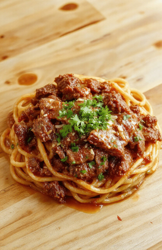 A vibrant bowl of spaghetti tossed with savory-sweet garlic ginger ground beef, topped with chopped green onions and sesame seeds, served in a shallow white ceramic bowl against a light oak table with soft morning light.