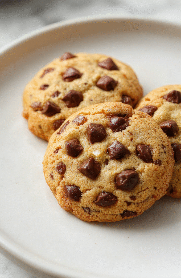 A cluster of golden-brown, bakery-style chocolate chip cookies on a white ceramic plate, each cookie with a soft, slightly cracked top and melted chocolate chips visible inside, dusted lightly with powdered sugar, placed on a rustic wooden board with shadowy ambient lighting.