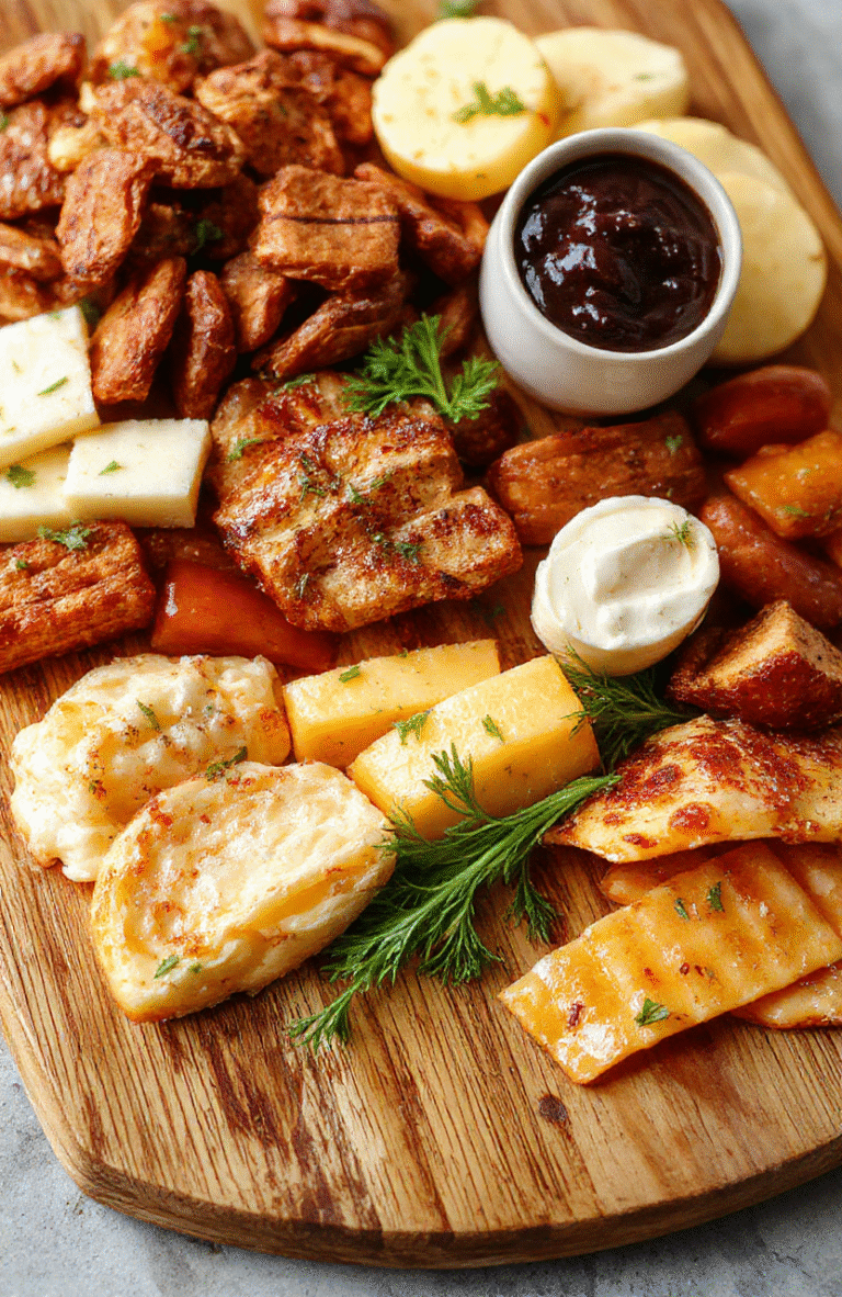 A rustic wooden board arranged with an easy beginner charcuterie spread: chunks of sharp cheddar, creamy brie, salty prosciutto draped elegantly, green grapes, red grapes, dried figs, golden crackers, and a few almonds, all set on a light oak board with soft natural light andMinimal shadows highlighting the textures.