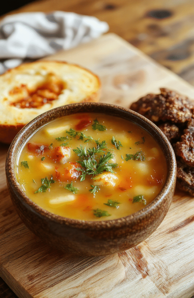 A rustic ceramic bowl filled with golden homemade broth soup, garnished with fresh parsley and a drizzle of olive oil, featuring tender vegetables and soft noodles, served on a light wooden table in natural daylight.