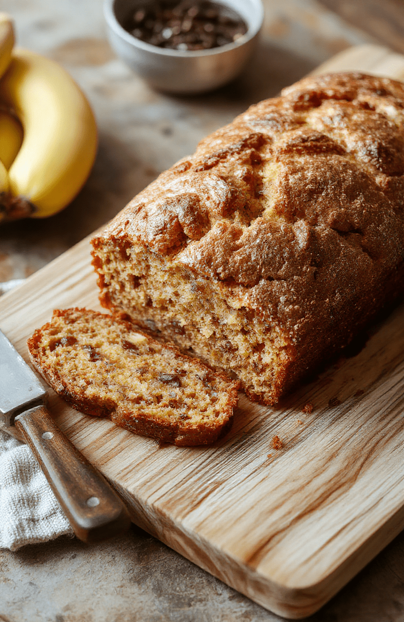 A golden-brown slice of moist banana bread on a rustic wooden board, glistening with a light glaze, showcasing visible banana chunks and a tender crumb texture, surrounded by a few extra banana slices and a dusting of powdered sugar against a soft beige linen backdrop.