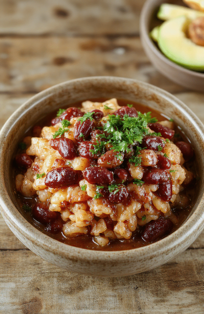 A rustic cast-iron skillet filled with creamy red beans simmered in a thick, smoky Creole sauce with diced tomatoes, onions, celery, bell peppers, and tender smoked sausage, served over fluffy white rice in a deep white bowl with a sprig of fresh parsley on top.