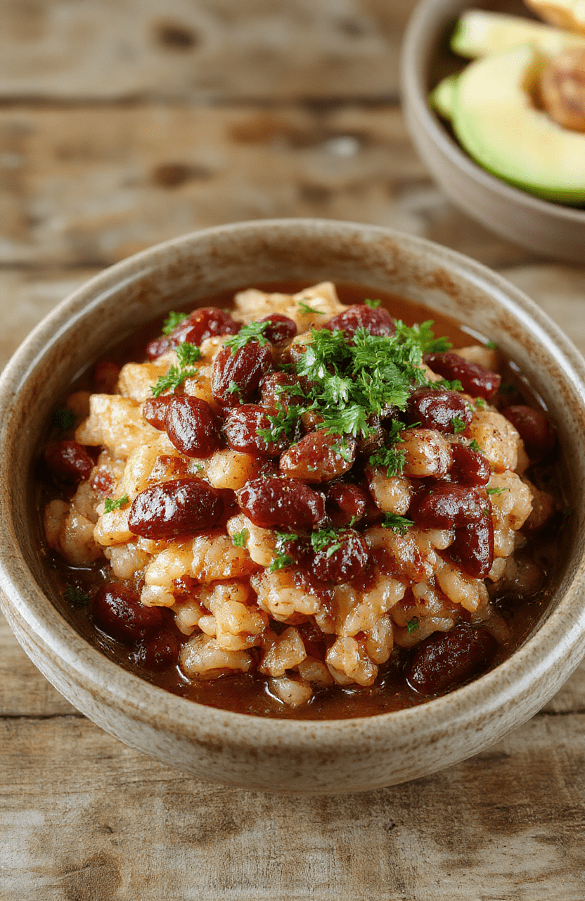 A rustic cast-iron skillet filled with creamy red beans simmered in a thick, smoky Creole sauce with diced tomatoes, onions, celery, bell peppers, and tender smoked sausage, served over fluffy white rice in a deep white bowl with a sprig of fresh parsley on top.