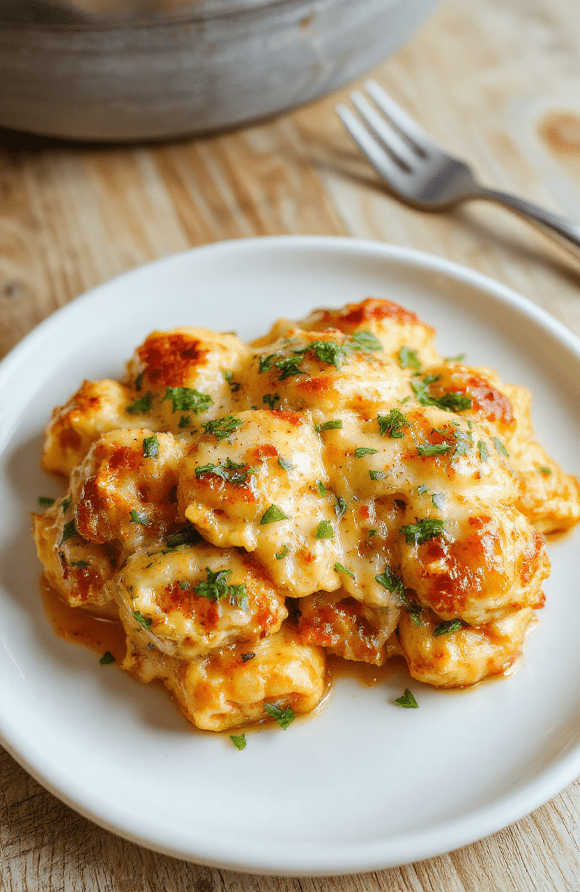 Golden-brown baked tortellini casserole in a cast-iron skillet, bubbling with melted mozzarella and Parmesan, layered with rich marinara sauce and tender cheese-filled pasta, garnished with fresh basil leaves, served in a rustic setting on a wooden table.