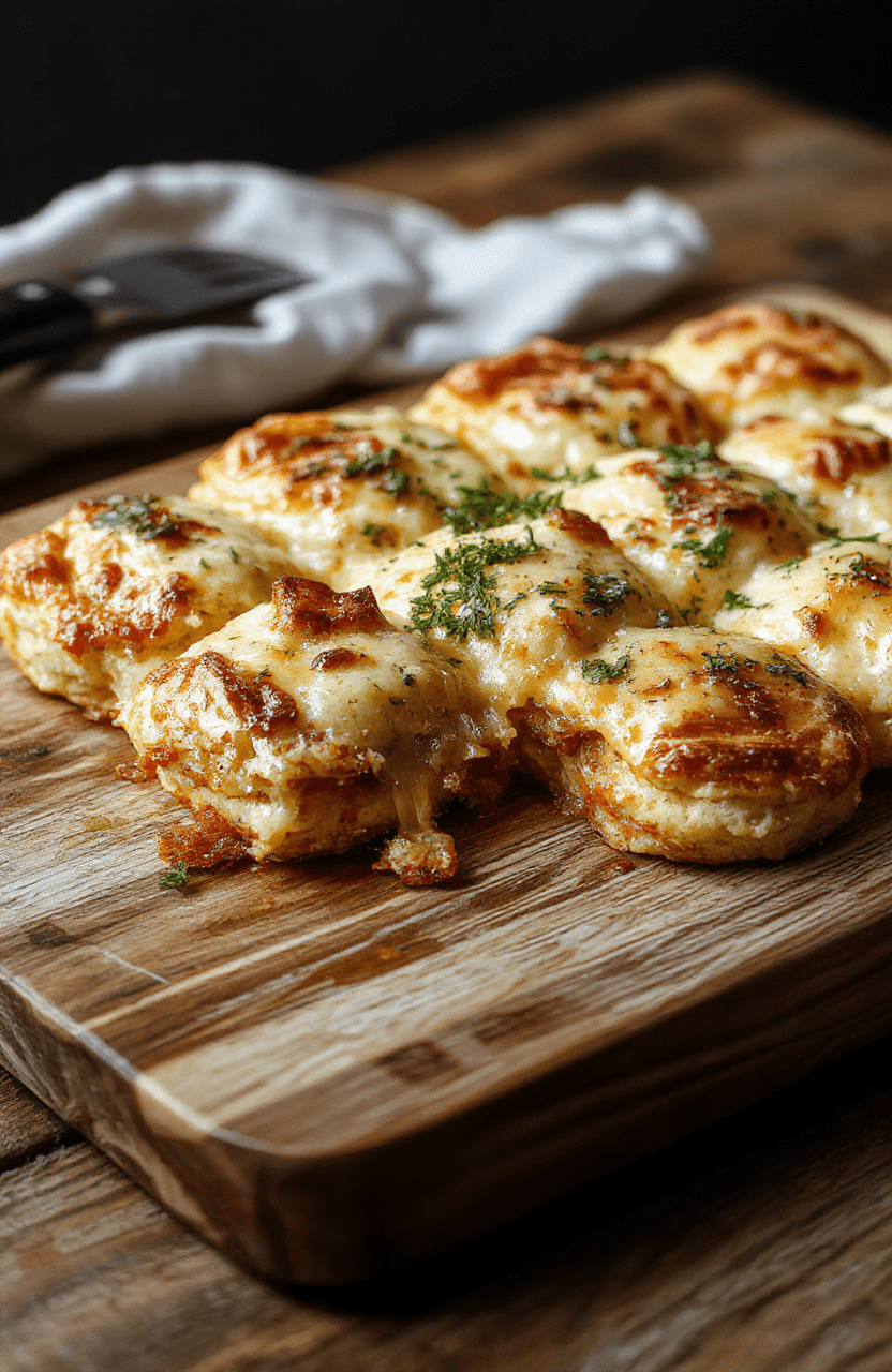 A bubbling, golden-brown cheesy biscuit pizza casserole in a cast iron skillet, topped with melted mozzarella, pepperoni slices, green bell pepper bits, and a drizzle of olive oil. The top has golden, flaky biscuit pieces peeking through the melted cheese.
