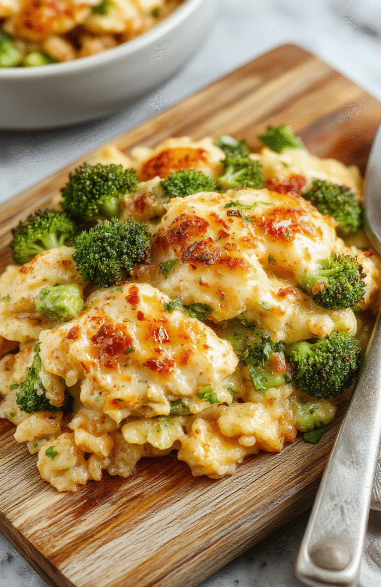 Golden-brown creamy cheesy baked casserole of tender chicken, vibrant green broccoli florets, and fluffy cooked rice, topped with melted mozzarella and cheddar cheese, garnished with fresh parsley, served in a rustic ceramic dish on a wooden table with soft natural lighting