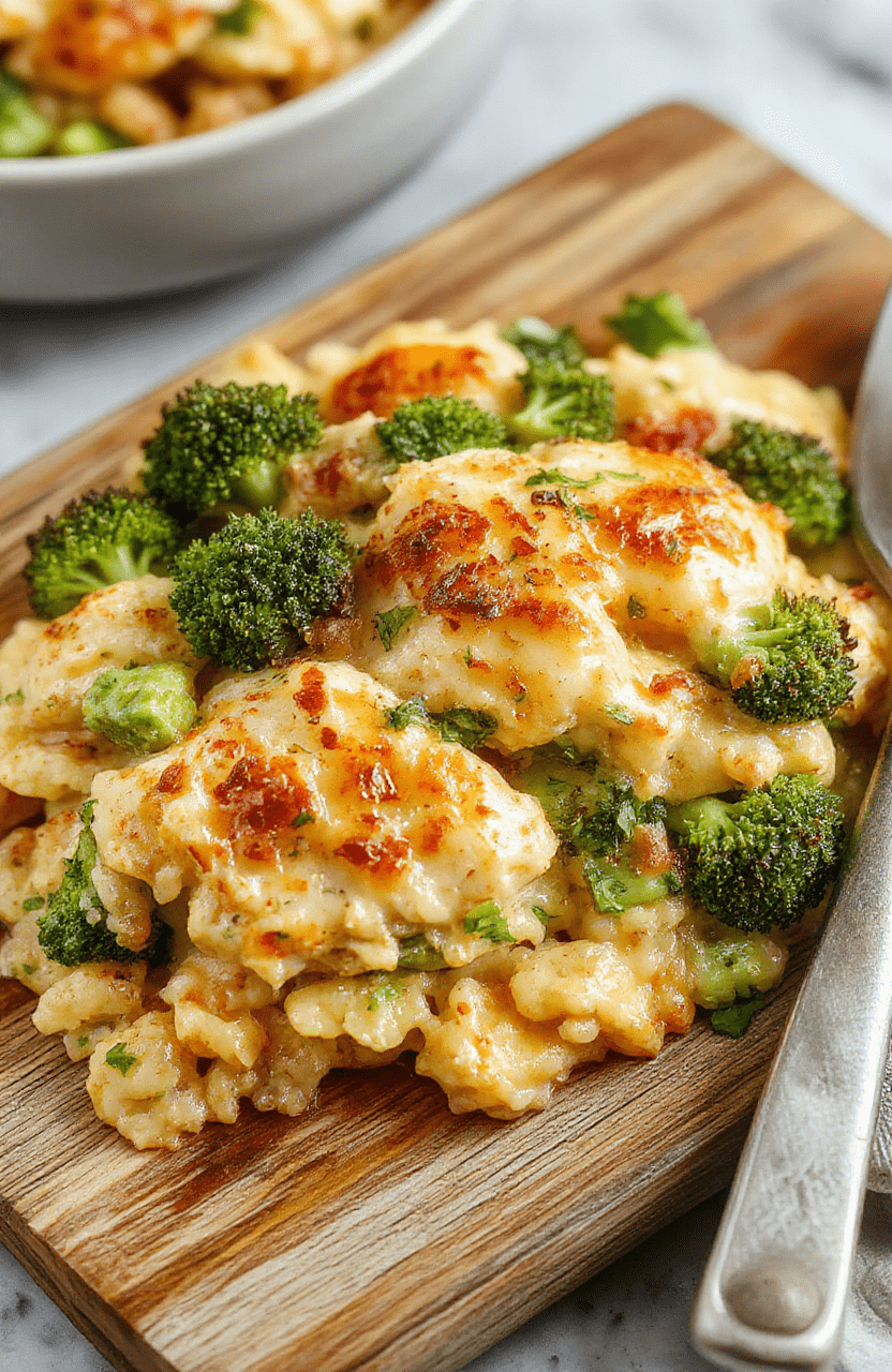 Golden-brown creamy cheesy baked casserole of tender chicken, vibrant green broccoli florets, and fluffy cooked rice, topped with melted mozzarella and cheddar cheese, garnished with fresh parsley, served in a rustic ceramic dish on a wooden table with soft natural lighting