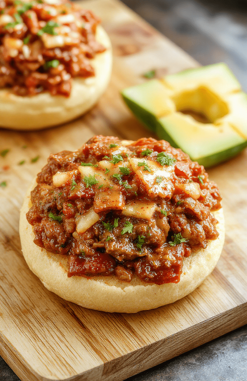 Two open-faced sloppy joes on toasted ciabatta rolls, topped with caramelized onions, melted gouda cheese bubbling at the edges, fresh parsley garnish, served on a rustic wooden board with a side of pickles and ketchup drizzle