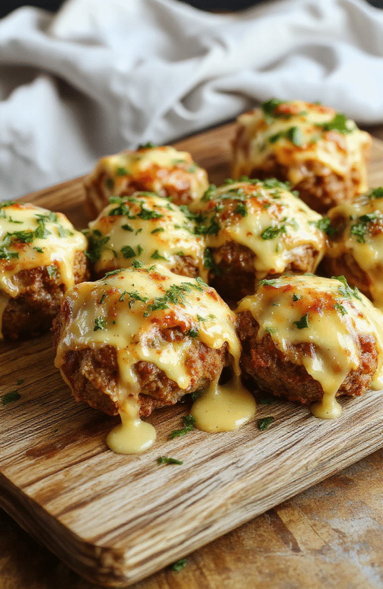Golden-brown cheeseburger bombs with melted mozzarella center, seasoned burger crumbles, garlic butter drizzle, and freshly grated Parmesan on a rustic wooden board, garnished with chopped parsley