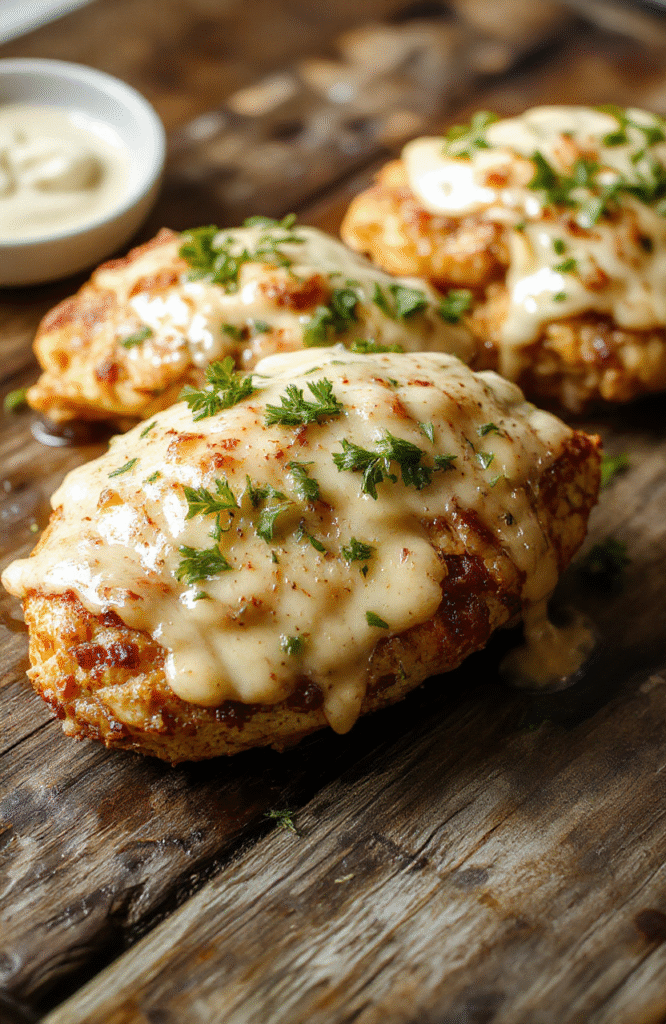 Golden-brown baked chicken thighs topped with melted mozzarella and glistening garlic butter, sprinkled with fresh parsley and grated Parmesan, served on a simple white ceramic plate beside roasted cherry tomatoes and broccoli florets on a rustic wooden board, soft natural light, shallow depth of field.