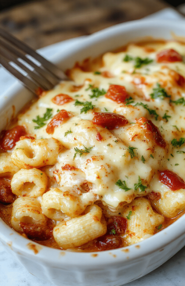 A steaming aluminum foil-covered casserole dish revealing golden-brown bubbly cheesy pasta with fire-roasted Rotel tomatoes, green chilies, and melted mozzarella, garnished with fresh parsley, served in a casual home kitchen