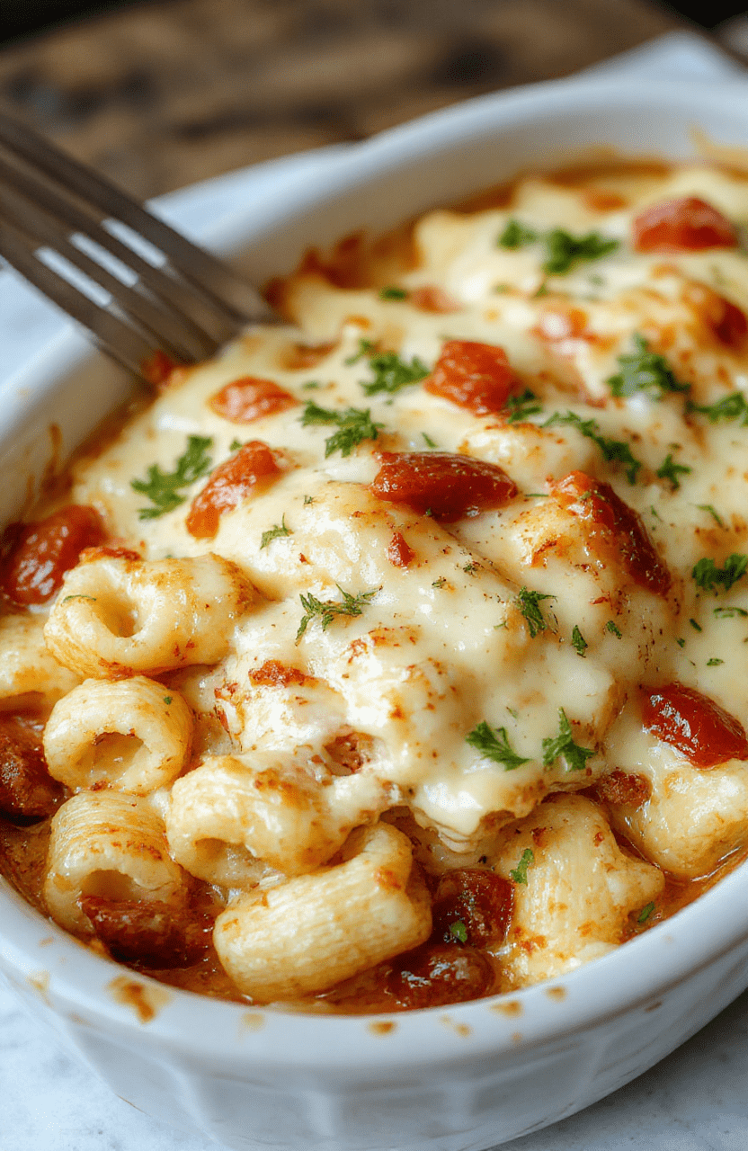 A steaming aluminum foil-covered casserole dish revealing golden-brown bubbly cheesy pasta with fire-roasted Rotel tomatoes, green chilies, and melted mozzarella, garnished with fresh parsley, served in a casual home kitchen