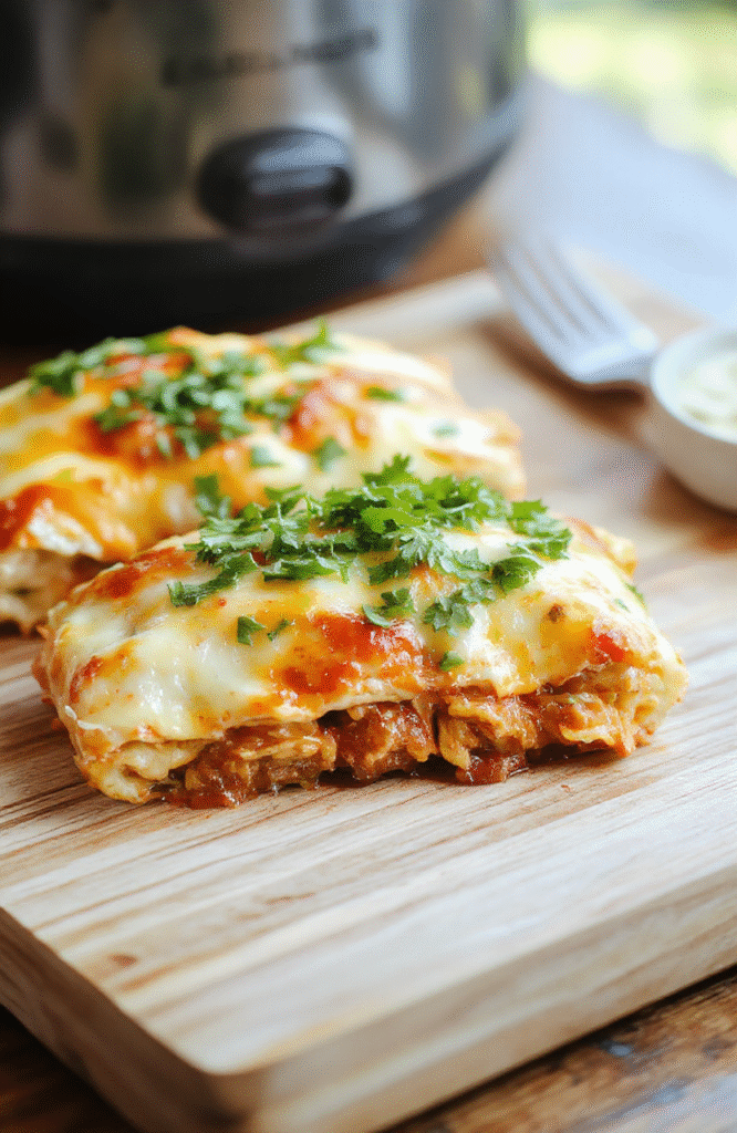A rustic ceramic dish filled with rolled corn tortillas stuffed with shredded chicken, melted cheese, and roasted red enchilada sauce, garnished with fresh cilantro and green onions, placed on a wooden board with a side of sour cream and avocado slices, soft natural lighting highlights golden-brown bubbly cheese topping.