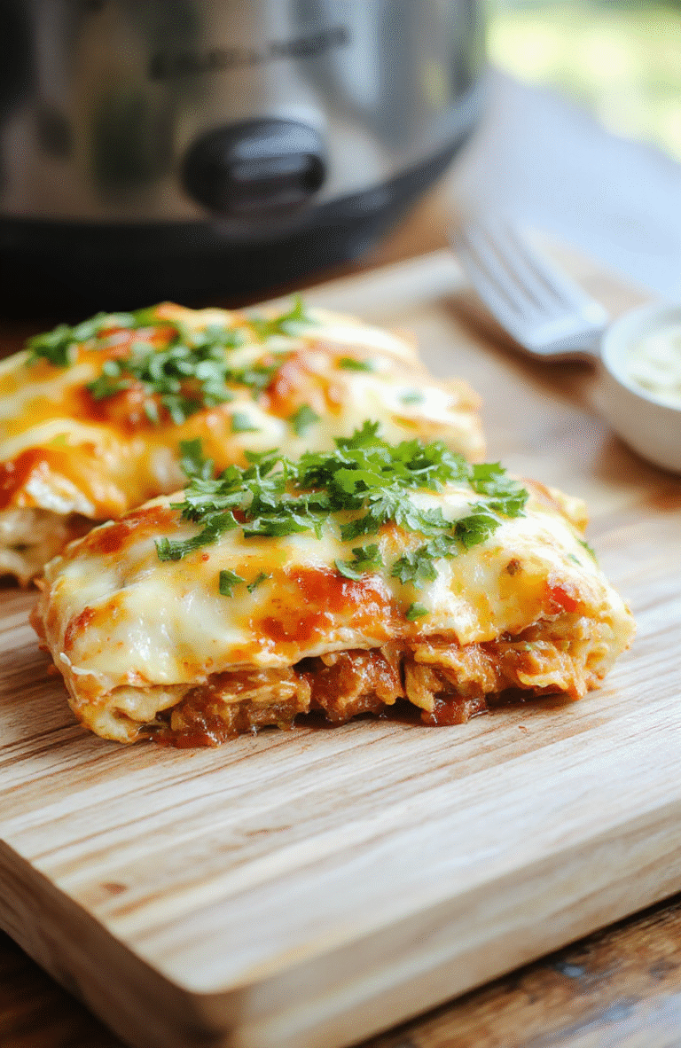 A rustic ceramic dish filled with rolled corn tortillas stuffed with shredded chicken, melted cheese, and roasted red enchilada sauce, garnished with fresh cilantro and green onions, placed on a wooden board with a side of sour cream and avocado slices, soft natural lighting highlights golden-brown bubbly cheese topping.