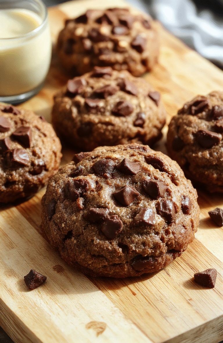 Golden-brown chewy chocolate chip cookies with melted chocolate chips, soft centers, and slightly crisp edges, placed on a light wooden cutting board with scattered chocolate chips and a dusting of sea salt