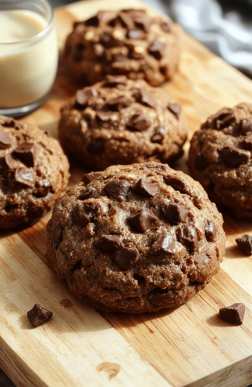 Golden-brown chewy chocolate chip cookies with melted chocolate chips, soft centers, and slightly crisp edges, placed on a light wooden cutting board with scattered chocolate chips and a dusting of sea salt