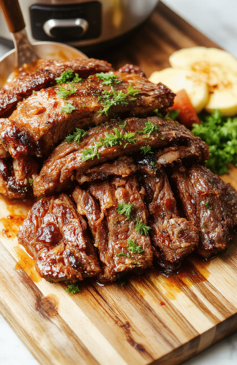 A rustic ceramic crock pot on a wooden kitchen counter, revealing a golden-brown pot roast surrounded by tender carrots, Yukon Gold potatoes, and herbs, steam rising, served on a simple white plate with a drizzle of rich juice, natural daylight, casual amateur style iPhone photo