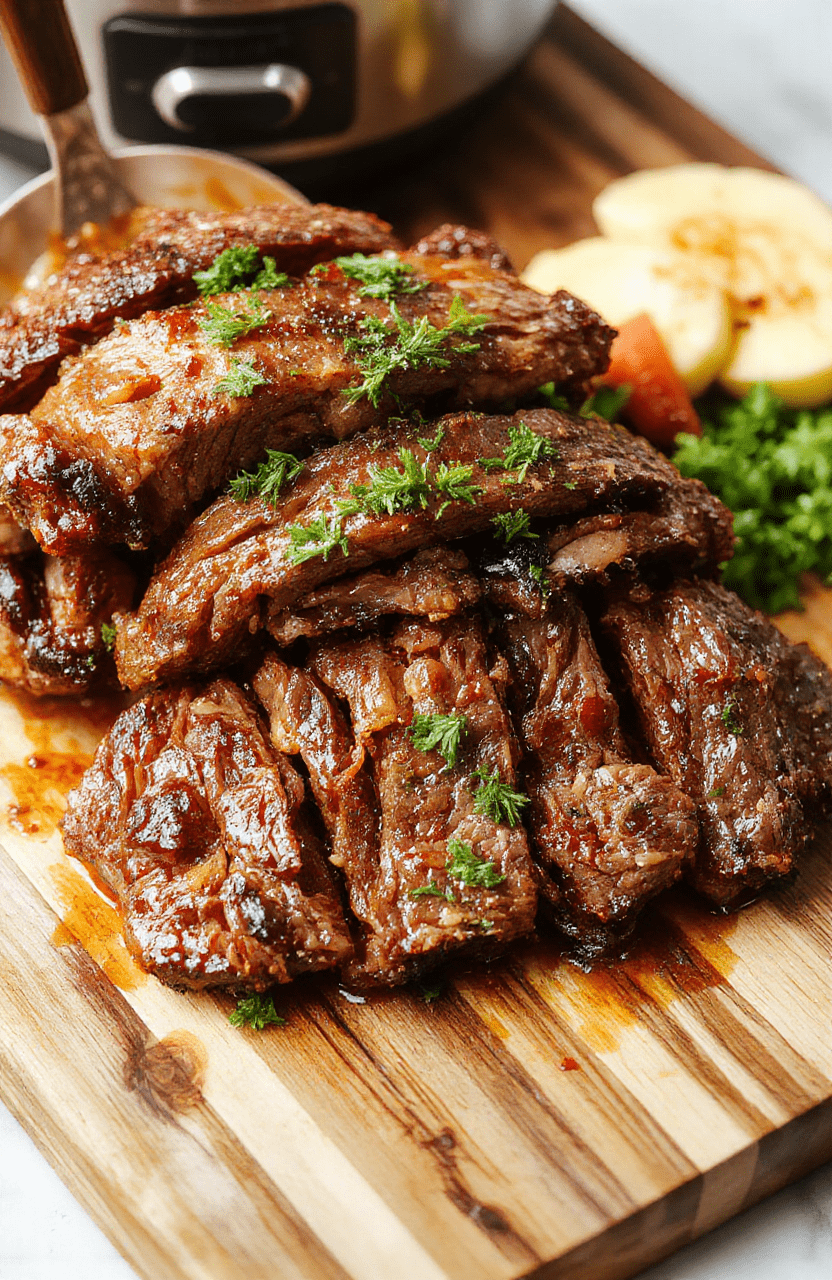 A rustic ceramic crock pot on a wooden kitchen counter, revealing a golden-brown pot roast surrounded by tender carrots, Yukon Gold potatoes, and herbs, steam rising, served on a simple white plate with a drizzle of rich juice, natural daylight, casual amateur style iPhone photo