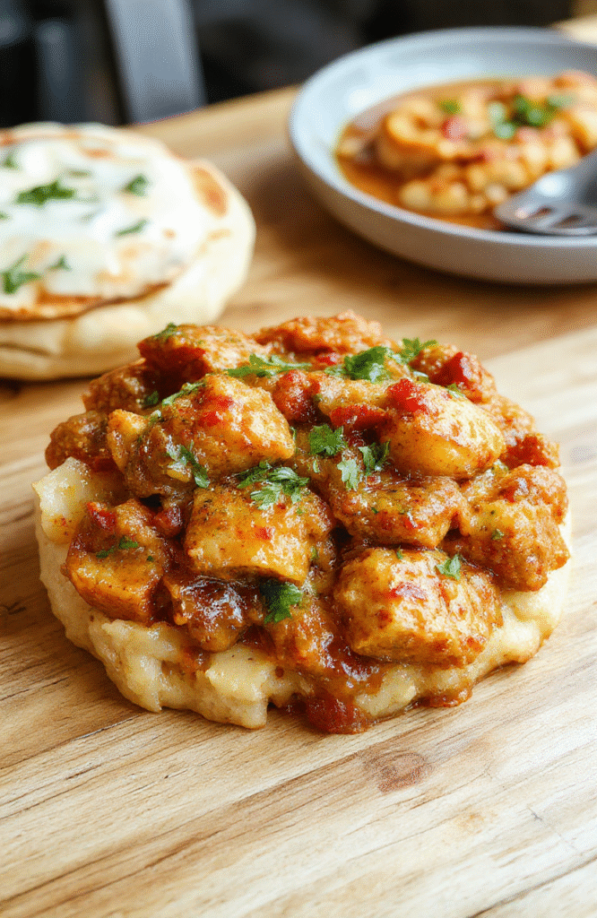 A steaming bowl of hearty keema aloo curry — golden-brown spiced ground lamb or beef with tender baby potatoes in a rich, slightly thick tomato-based gravy, garnished with fresh cilantro and a drizzle of cream, served in a traditional deep white ceramic bowl against a rustic wooden table.
