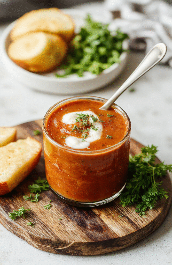 A rustic ceramic bowl filled with vibrant orange-red tomato soup, garnished with a swirl of fresh cream, a sprig of green basil, and a few cracked black pepper grains. Steam rises gently from the surface, and the soup has a rich, velvety texture. Light natural daylight highlights the warm tones against a wooden table.